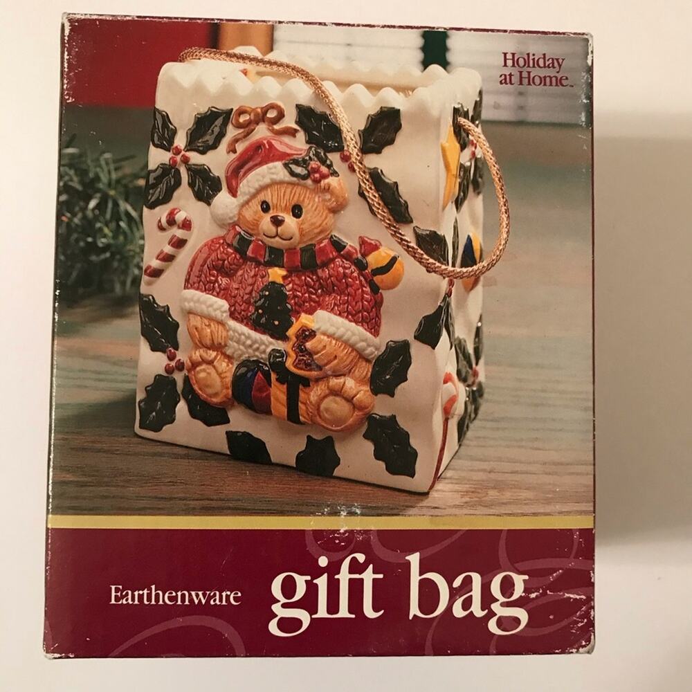 Holiday Earthenware Gift Bag with Teddy Bear